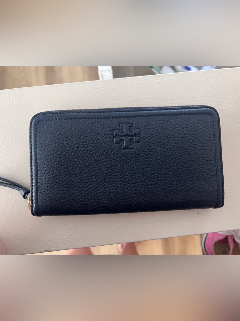 Tory Burch Black Pebbled Leather Zip Around Phone Wallet